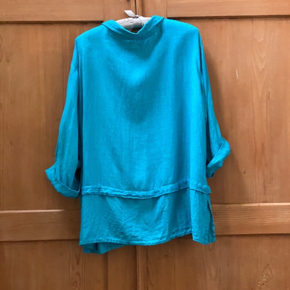 FLAX Cozy Cardigan top in Aquatic 100% linen sz L - Picture 2 of 5